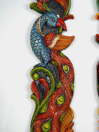 Wooden Carved Peacock with Flower Wall Hanging - Set of 2 - 36 inch - WL5647