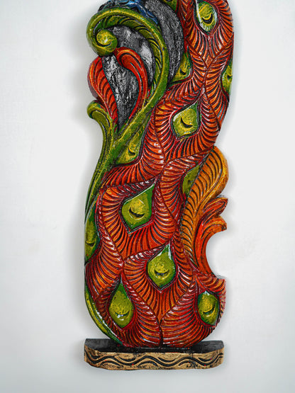Wooden Carved Peacock with Flower Wall Hanging - Set of 2 - 36 inch - WL5647