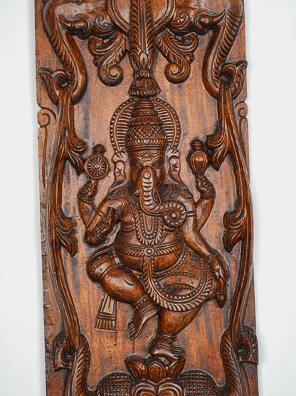 Wooden Carved Ganesha With Elephant Wall Hanging - 36 inch - WL5650