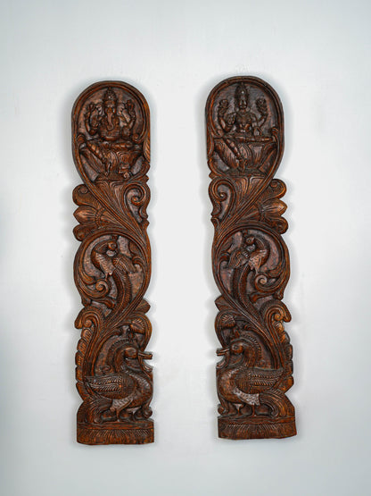 Wooden Carved Ganesha - Lakshmi Wall Hanging Panel - Set of 2 - 36 inch - WL5651