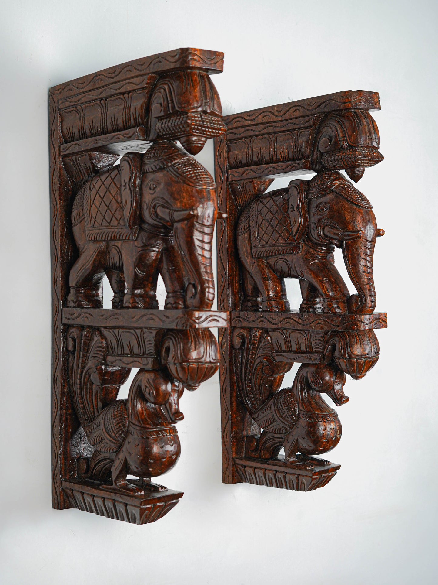 Wooden Carved Elephant with Annapakshi Wall Hanging Bracket - Set of 2 - 23 inch - WL5652