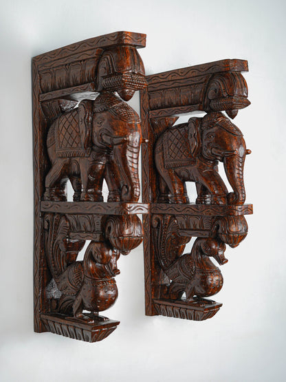 Wooden Carved Elephant with Annapakshi Wall Hanging Bracket - Set of 2 - 23 inch - WL5652