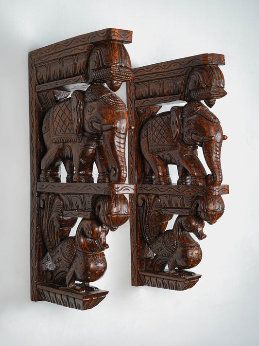 Wooden Carved Elephant with Annapakshi Wall Hanging Bracket - Set of 2 - 23 inch - WL5652