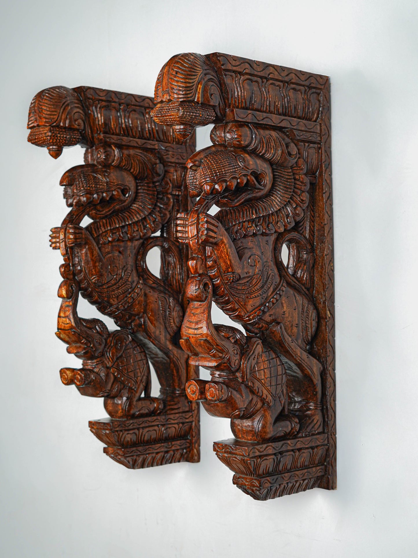 Wooden Carved Yazhi with Elephant Wall Hanging Bracket - Set of 2 - 27 inch - WL5653