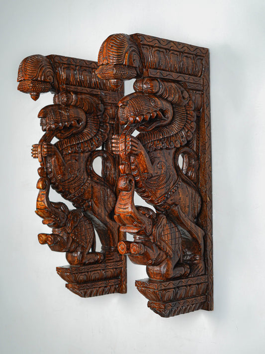 Wooden Carved Yazhi with Elephant Wall Hanging Bracket - Set of 2 - 27 inch - WL5653
