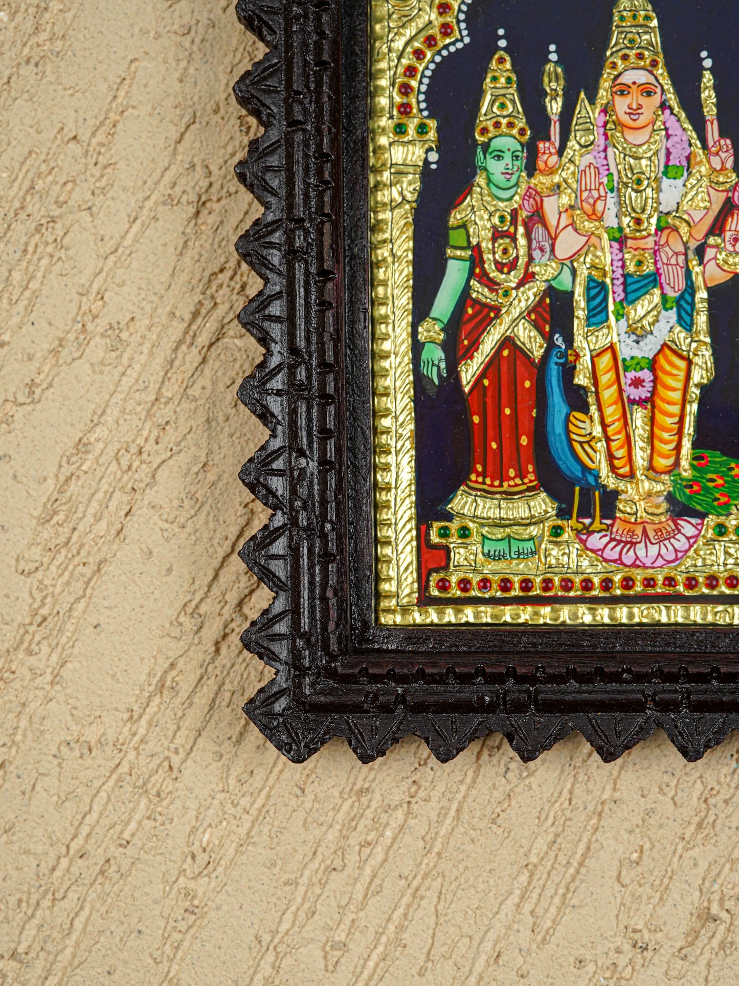 Tanjore Painting (Chettinad Frame) - Murugan-Valli-Deivanai - Flat (Gold Foil) - 8x6 inch - WL5654