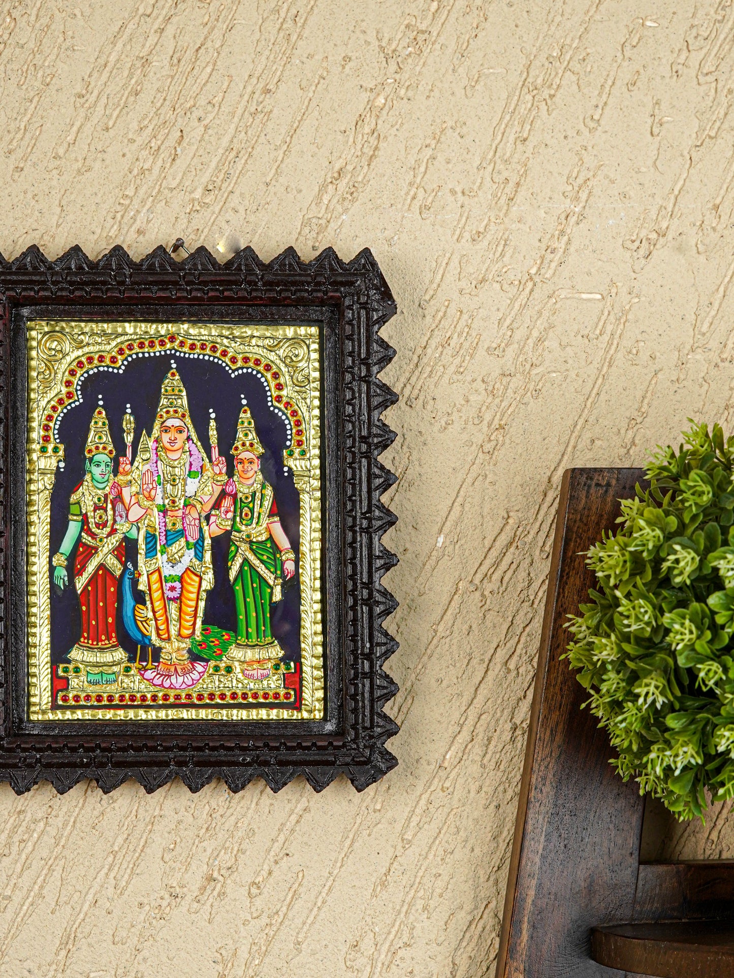 Tanjore Painting (Chettinad Frame) - Murugan-Valli-Deivanai - Flat (Gold Foil) - 8x6 inch - WL5654