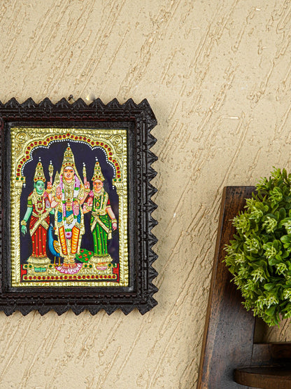 Tanjore Painting (Chettinad Frame) - Murugan-Valli-Deivanai - Flat (Gold Foil) - 8x6 inch - WL5654