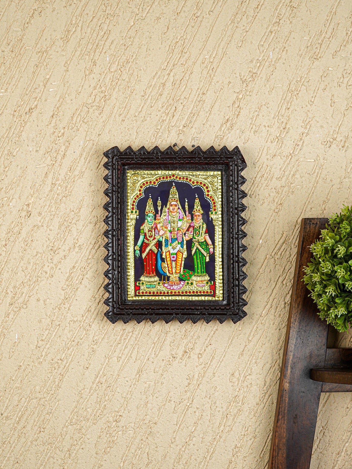 Tanjore Painting (Chettinad Frame) - Murugan-Valli-Deivanai - Flat (Gold Foil) - 8x6 inch - WL5654
