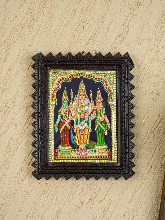 Tanjore Painting (Chettinad Frame) - Murugan-Valli-Deivanai - Flat (Gold Foil) - 8x6 inch - WL5654