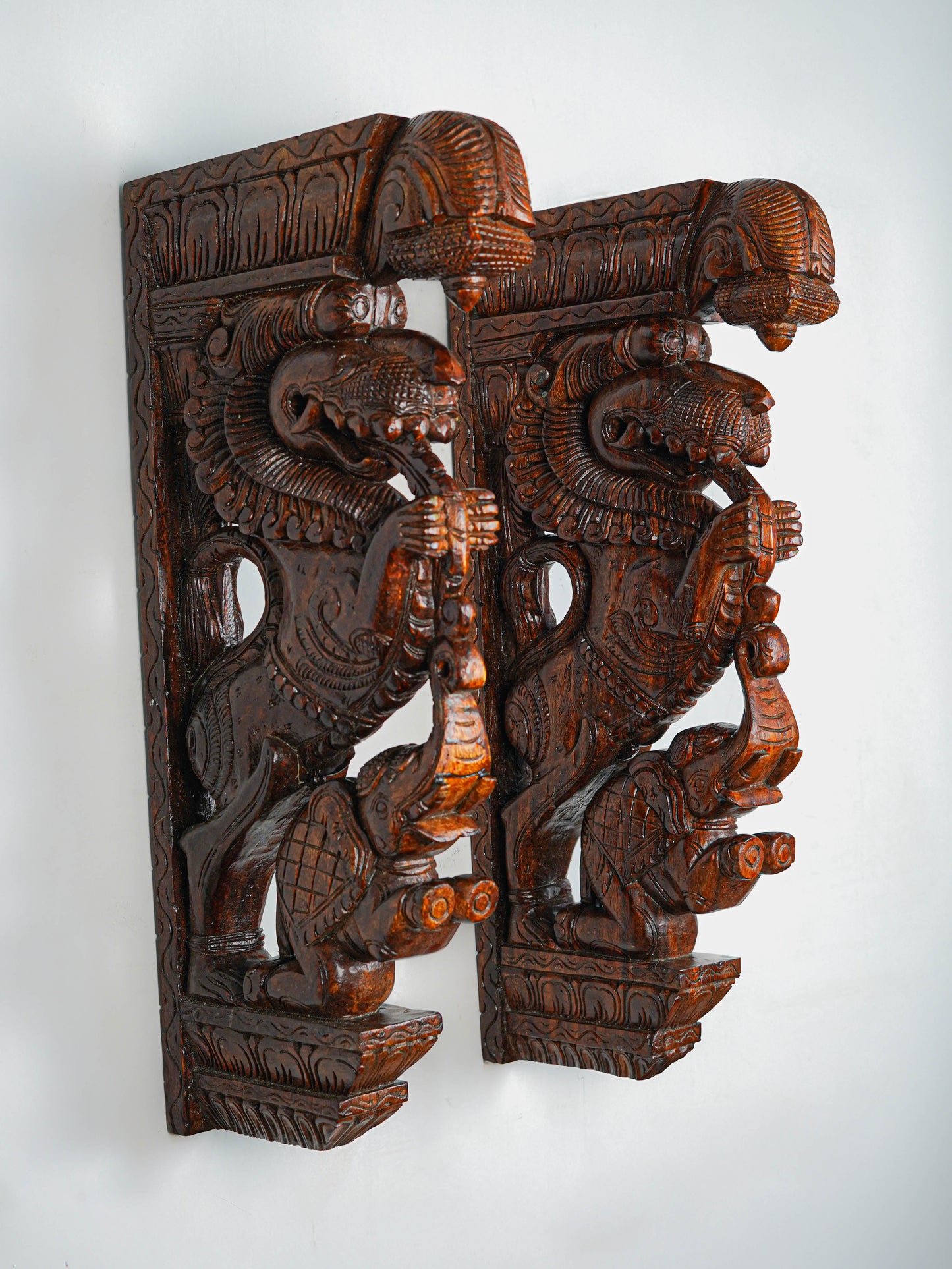 Wooden Carved Yazhi with Elephant Wall Hanging Bracket - Set of 2 - 27 inch - WL5653