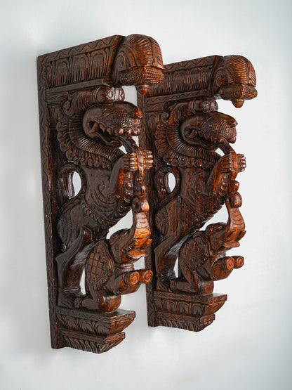 Wooden Carved Yazhi with Elephant Wall Hanging Bracket - Set of 2 - 27 inch - WL5653