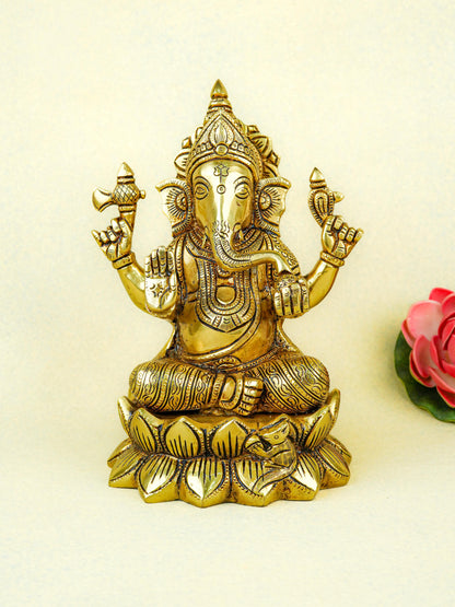 Brass Ganesha on Lotus - 9 inch - WL5670