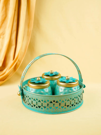 Metal 3 Jar with Basket - Blue - WL6051-2