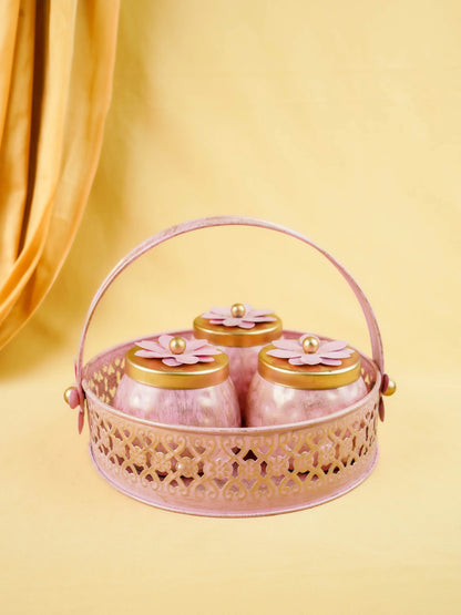 Metal 3 Jar with Basket - Pink - WL6051-3