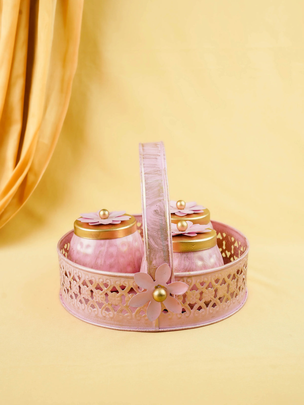 Metal 3 Jar with Basket - Pink - WL6051-3