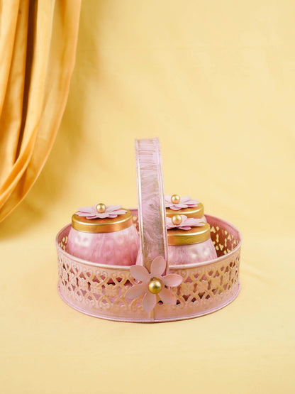 Metal 3 Jar with Basket - Pink - WL6051-3