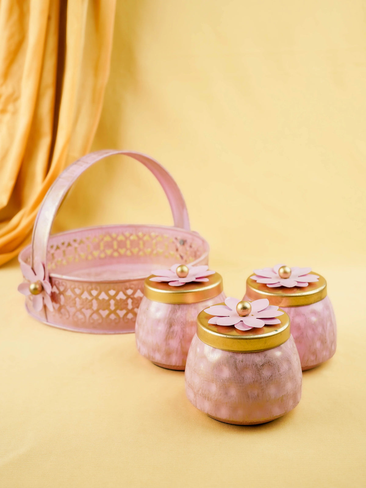 Metal 3 Jar with Basket - Pink - WL6051-3