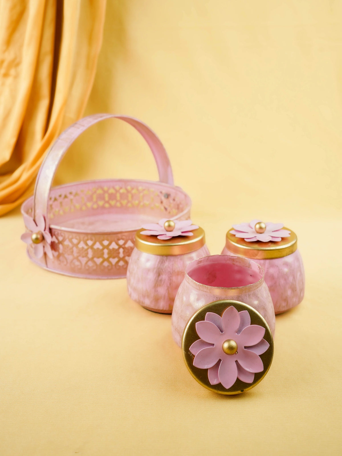 Metal 3 Jar with Basket - Pink - WL6051-3