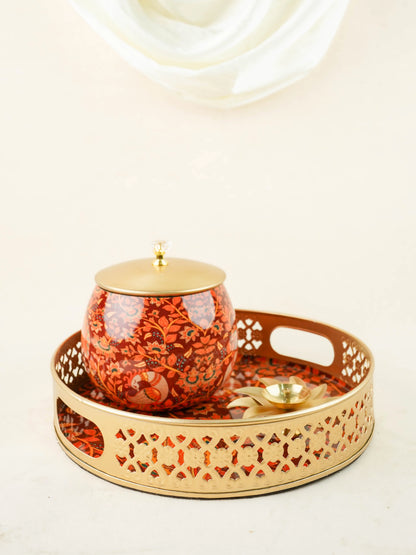 Mural Themed Metal Tray with Dry Fruit Jar and Diya Set - WL6061