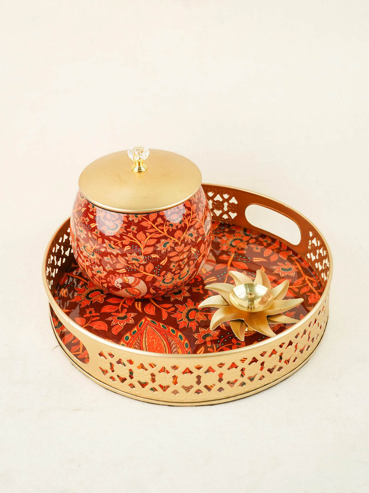 Mural Themed Metal Tray with Dry Fruit Jar and Diya Set - WL6061