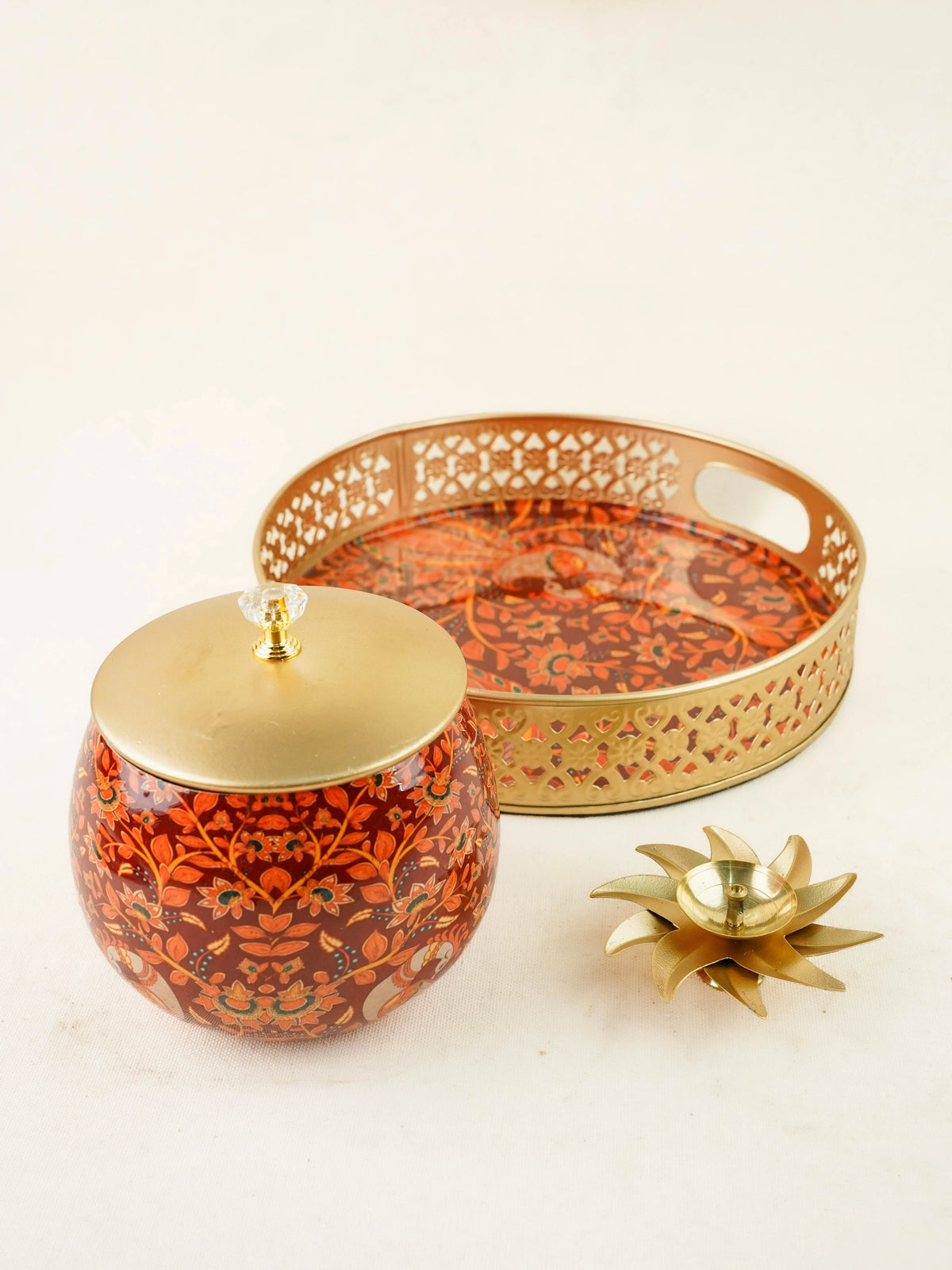 Mural Themed Metal Tray with Dry Fruit Jar and Diya Set - WL6061