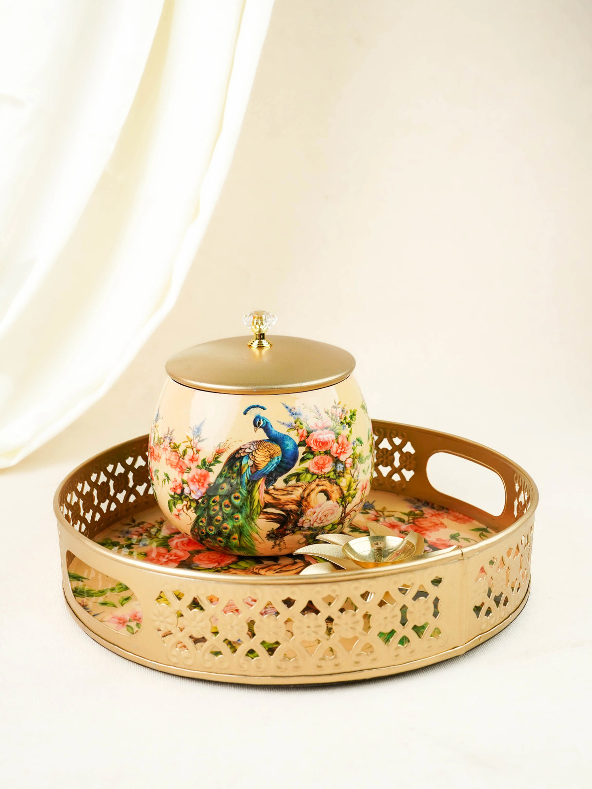 Peacock Themed Metal Tray with Dry Fruit Jar and Diya Set - WL6064