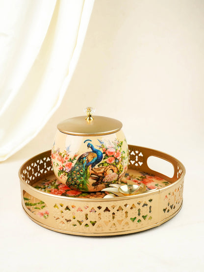 Peacock Themed Metal Tray with Dry Fruit Jar and Diya Set - WL6064