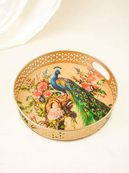 Peacock Themed Metal Tray with Dry Fruit Jar and Diya Set - WL6064