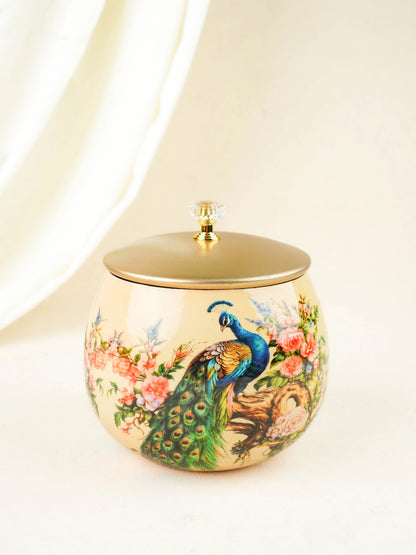 Peacock Themed Metal Tray with Dry Fruit Jar and Diya Set - WL6064