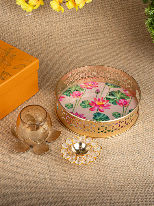 Gift Hamper - Metal Tray with Candle Holder and Crystal Diya - WMH0012