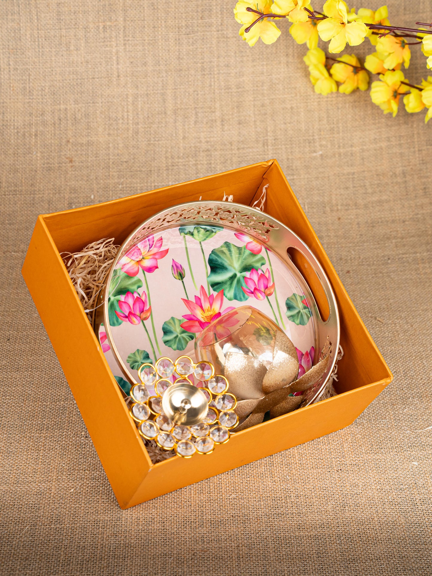 Gift Hamper - Metal Tray with Candle Holder and Crystal Diya - WMH0012