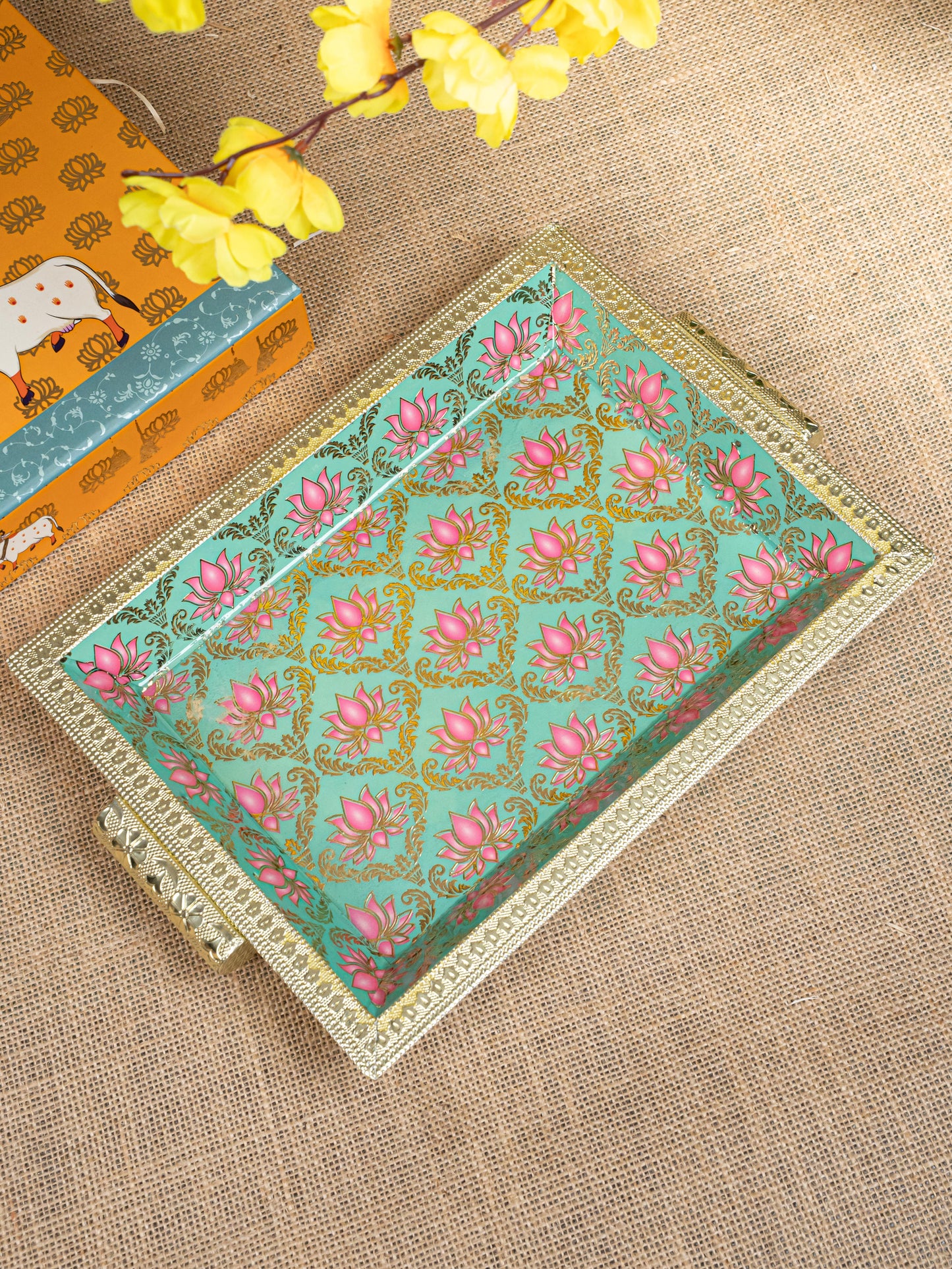 Gift Hamper - Meenakari Tray with Lakshmi Idol, Foil Card and Flower Diya - WMH0017