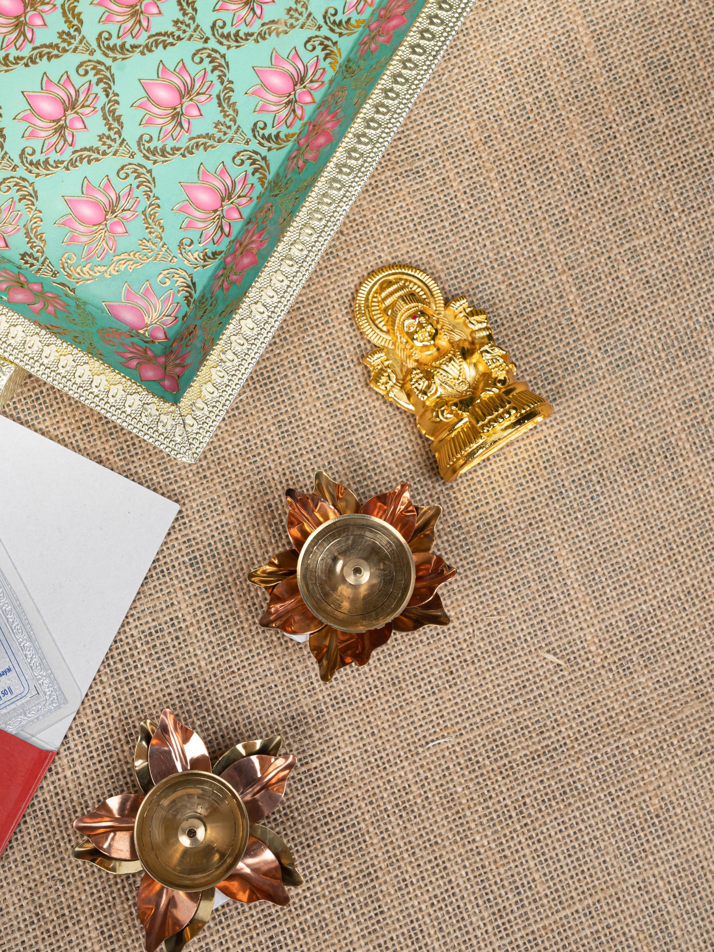 Gift Hamper - Meenakari Tray with Lakshmi Idol, Foil Card and Flower Diya - WMH0017