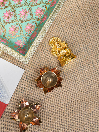 Gift Hamper - Meenakari Tray with Lakshmi Idol, Foil Card and Flower Diya - WMH0017
