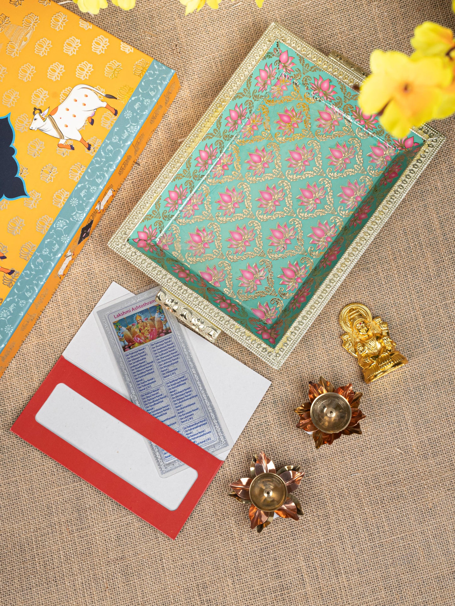 Gift Hamper - Meenakari Tray with Lakshmi Idol, Foil Card and Flower Diya - WMH0017