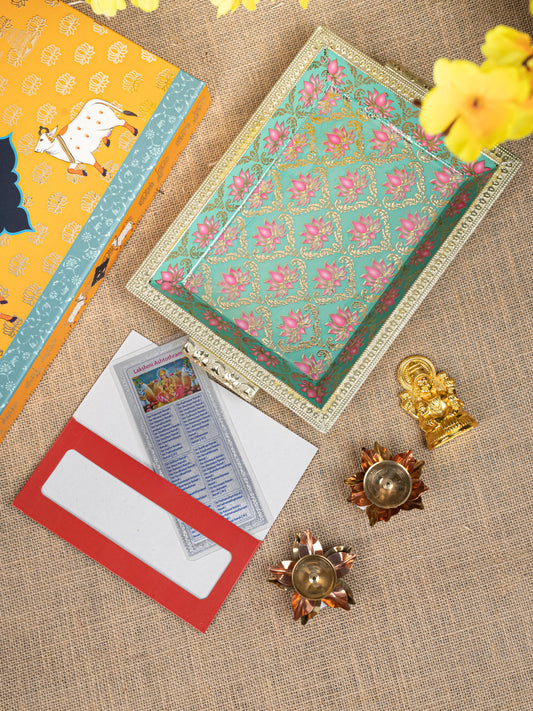 Gift Hamper - Meenakari Tray with Lakshmi Idol, Foil Card and Flower Diya - WMH0017