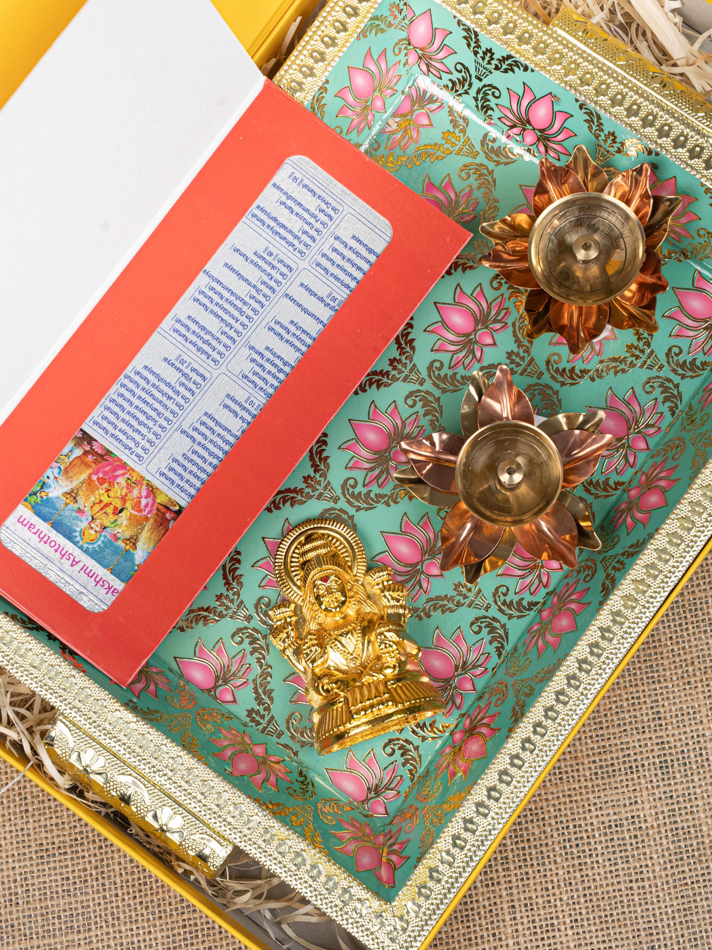 Gift Hamper - Meenakari Tray with Lakshmi Idol, Foil Card and Flower Diya - WMH0017