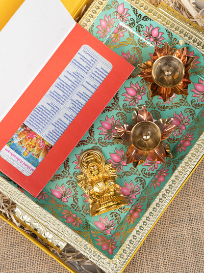 Gift Hamper - Meenakari Tray with Lakshmi Idol, Foil Card and Flower Diya - WMH0017
