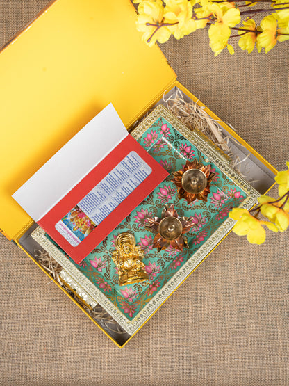 Gift Hamper - Meenakari Tray with Lakshmi Idol, Foil Card and Flower Diya - WMH0017
