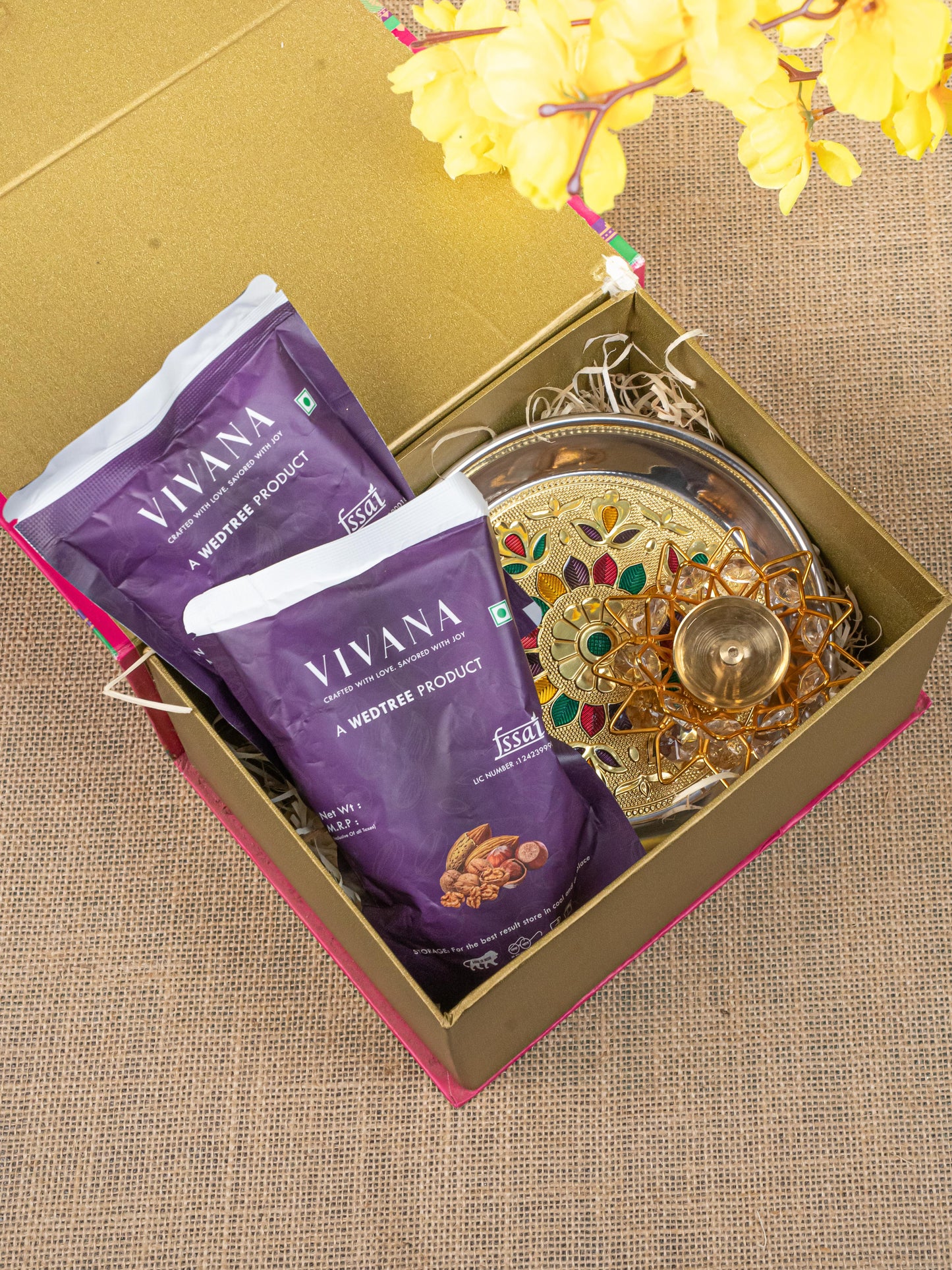 Gift Hamper - Meenakari Plate with Crystal Diya and Cashews - WMH0018