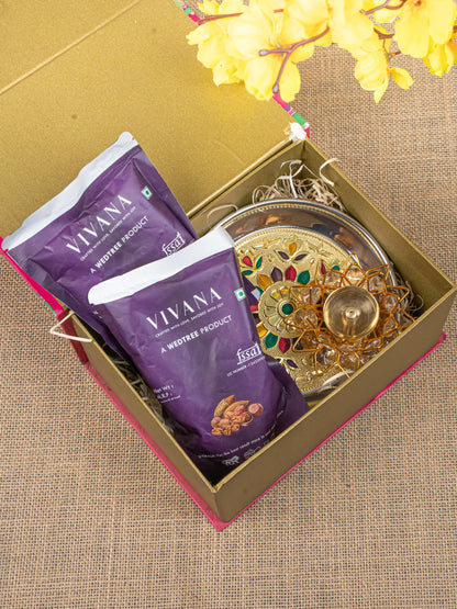 Gift Hamper - Meenakari Plate with Crystal Diya and Cashews - WMH0018