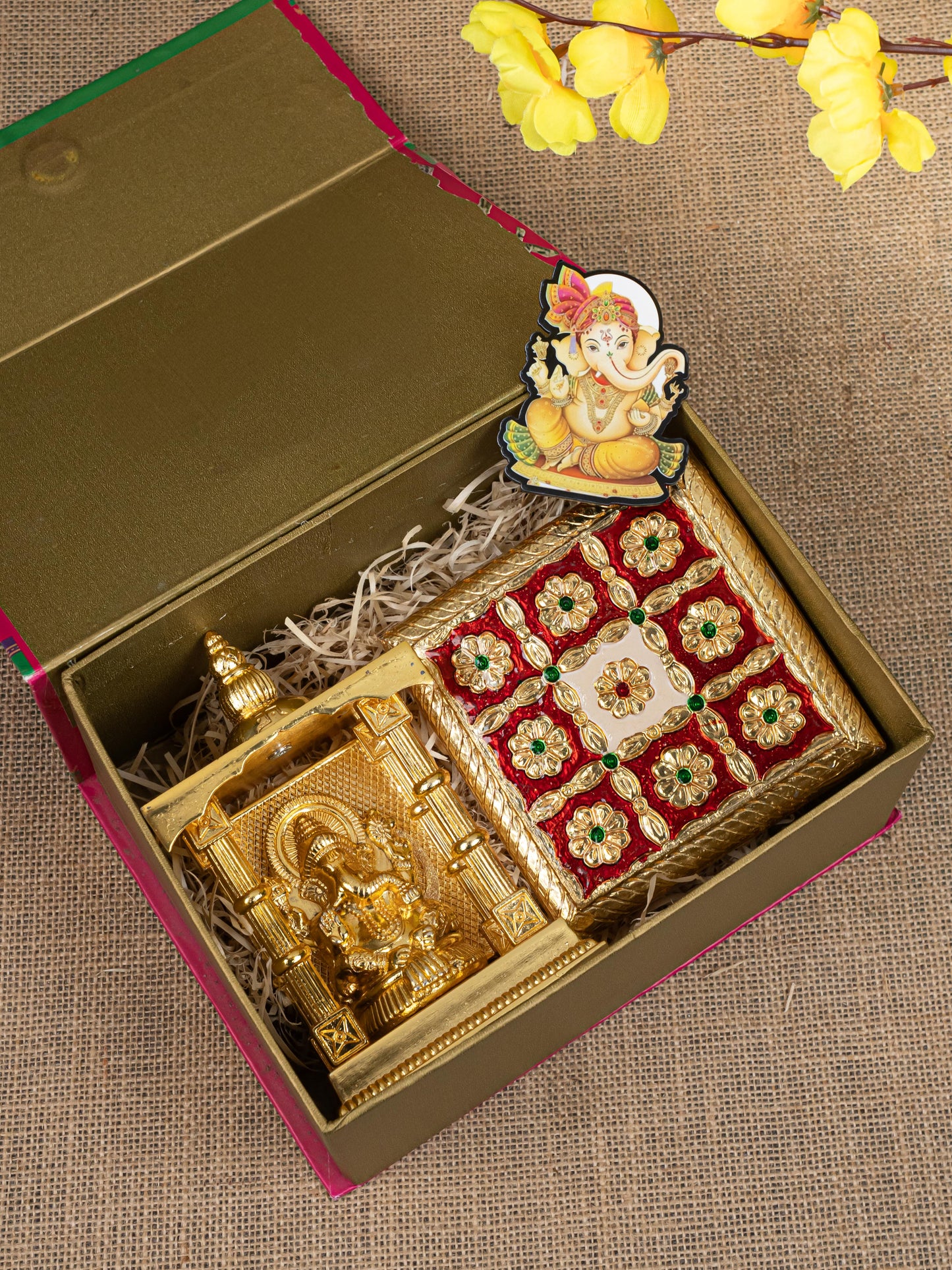 Gift Hamper - Manai with Ganesha Pooja Mandir and Fridge Magnet - WMH0024