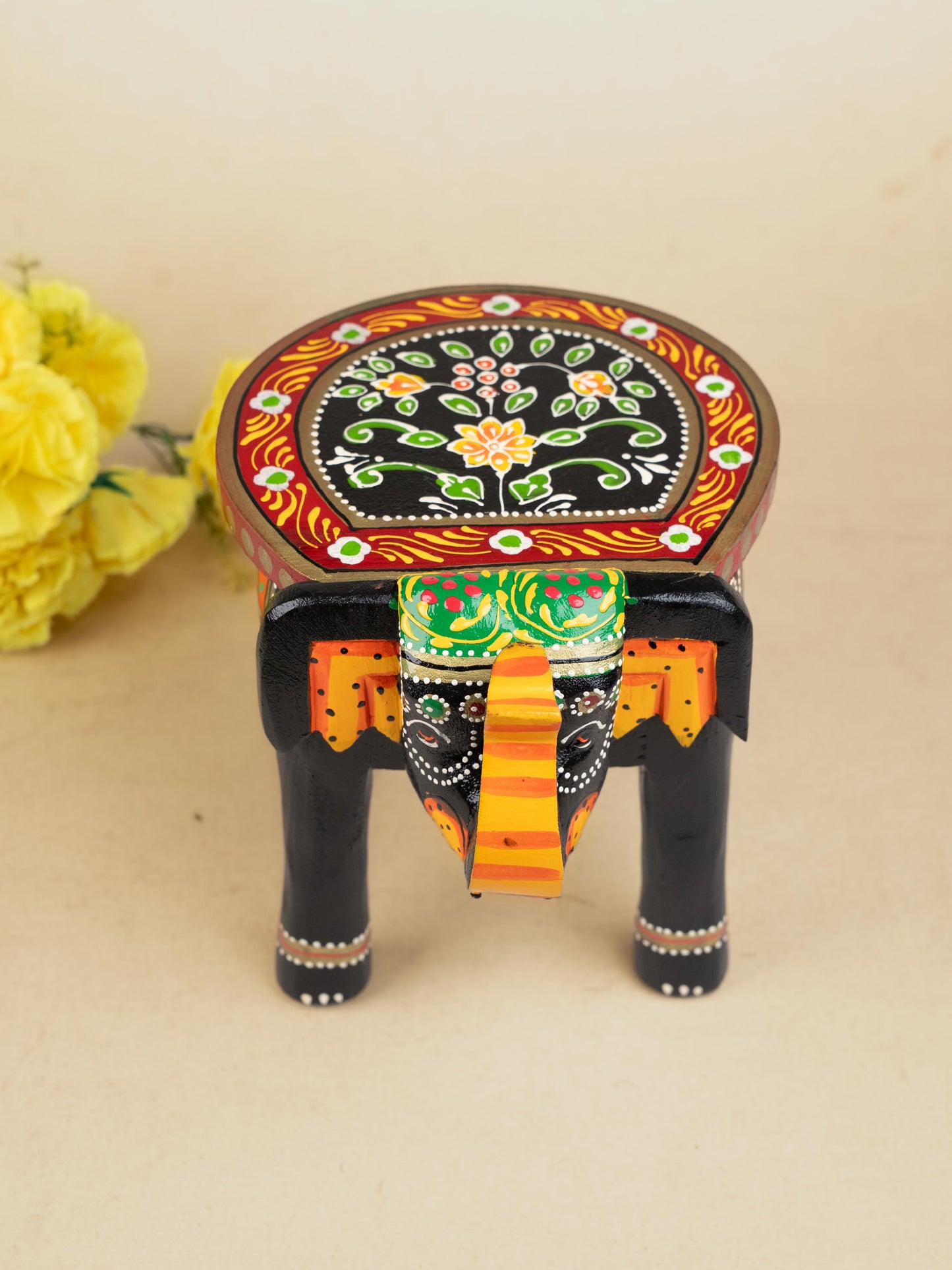 Hand Painted Elephant Stool - Black - 7 inch - WL5220