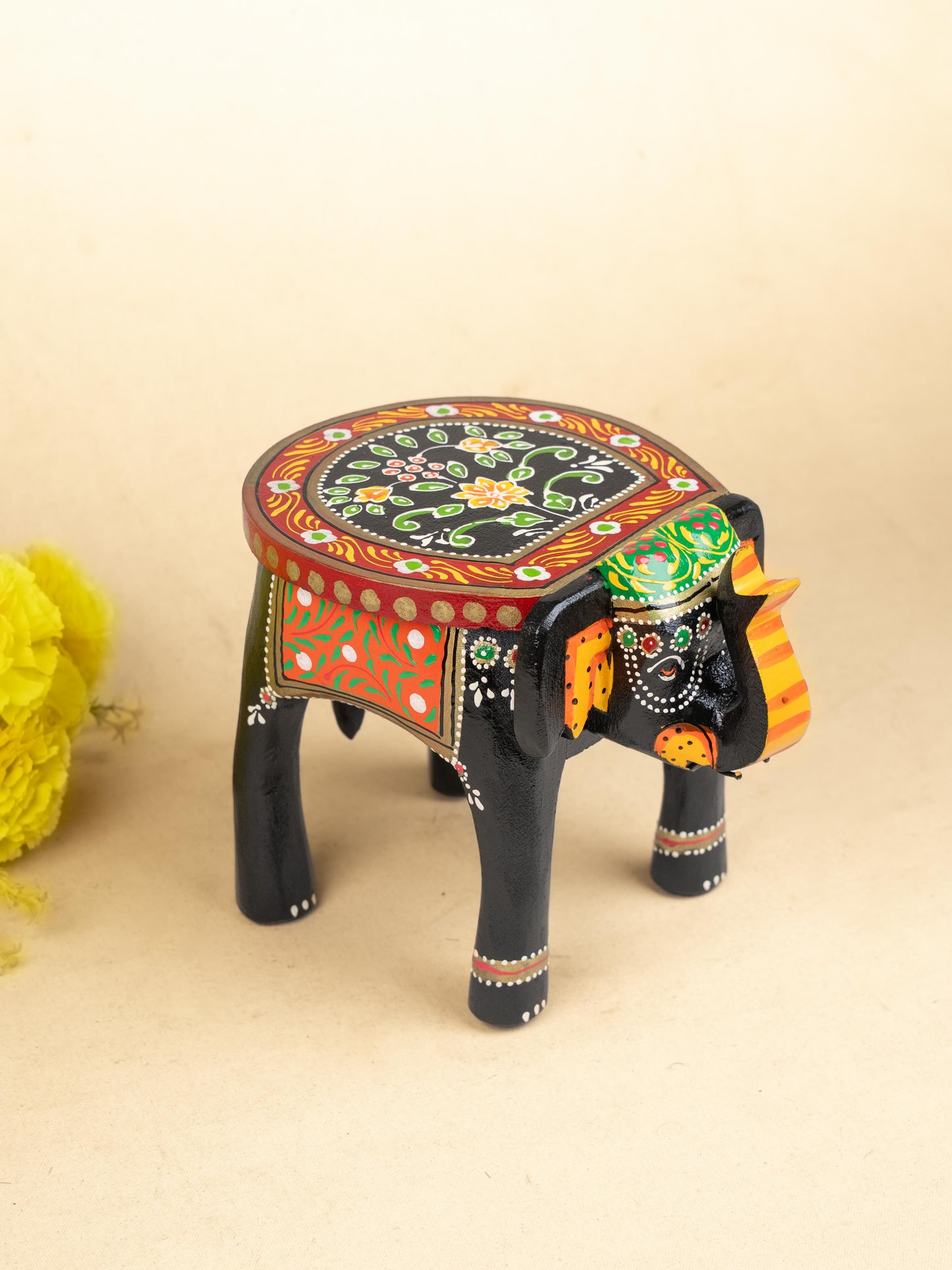Hand Painted Elephant Stool - Black - 7 inch - WL5220