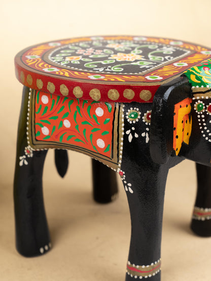 Hand Painted Elephant Stool - Black - 7 inch - WL5220