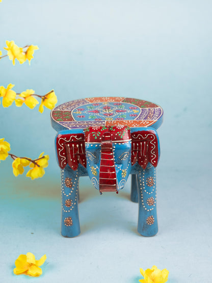 Hand Painted Elephant Stool - Blue - 7 inch - WL5222
