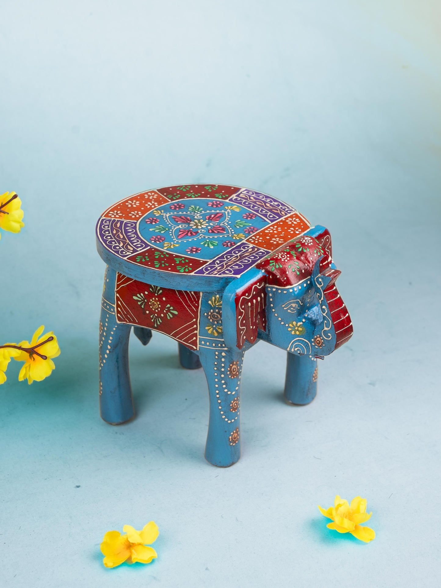 Hand Painted Elephant Stool - Blue - 7 inch - WL5222