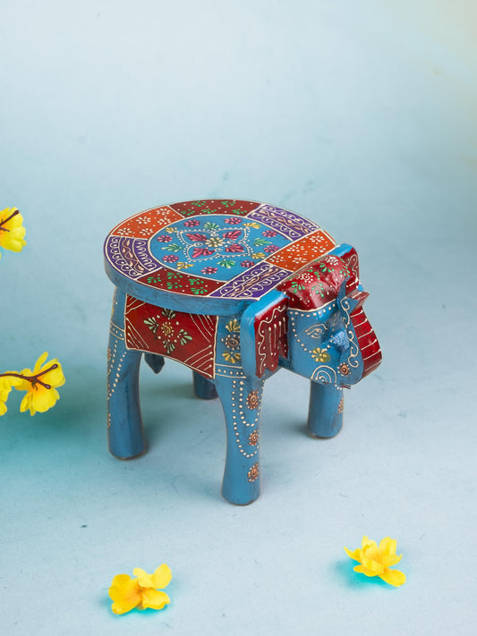 Hand Painted Elephant Stool - Blue - 7 inch - WL5222