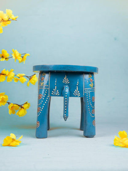 Hand Painted Elephant Stool - Blue - 7 inch - WL5222